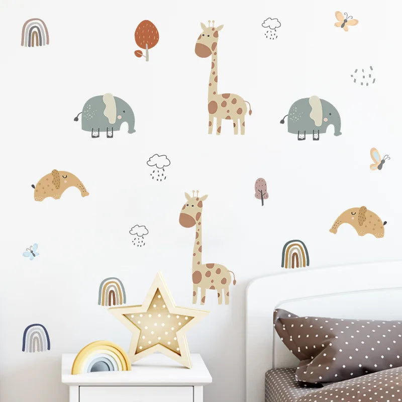 Boho Jungle Safari Wall Stickers for Nursery | Giraffe Elephant Rainbow ...