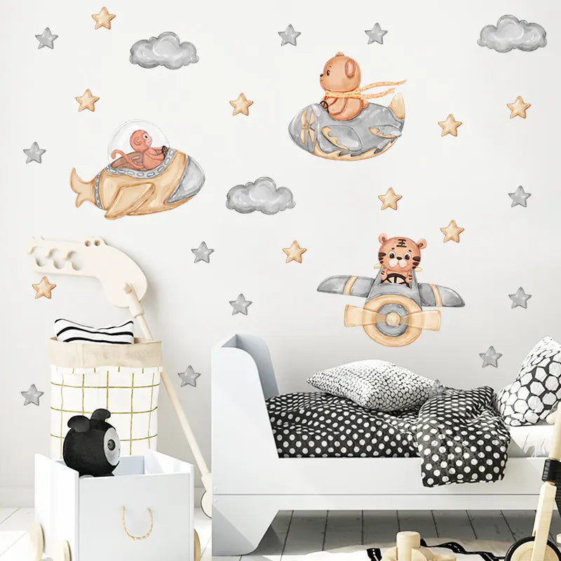 Space Adventure With Cute Animal Wall Decals for Kids Room & Nursery