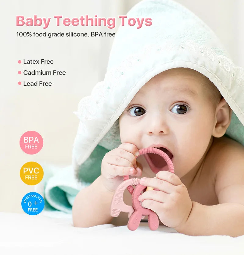 Baby teething with pink Tipi Tipi Tap 4 in 1 silicone baby teether ring set toy, surrounded by text about safety features.