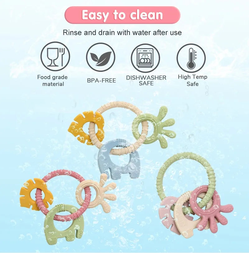 Colorful Tipi Tipi Tap 4 in 1 silicone baby teether ring sets with text indicating ease of cleaning on a light blue background