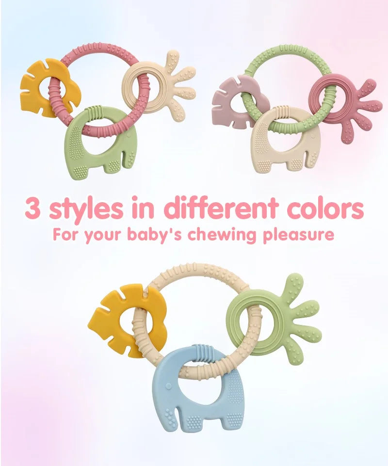 Three colorful Tipi Tipi Tap 4 in 1 silicone baby teether ring set on a gradient background with text about styles and baby's chewing pleasure.