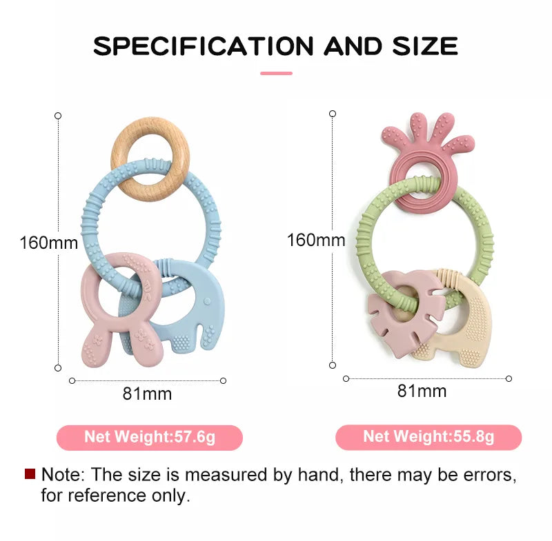 Tipi Tipi Tap 4 in 1 silicone baby teether ring set specifications with measurements and weights on a white background