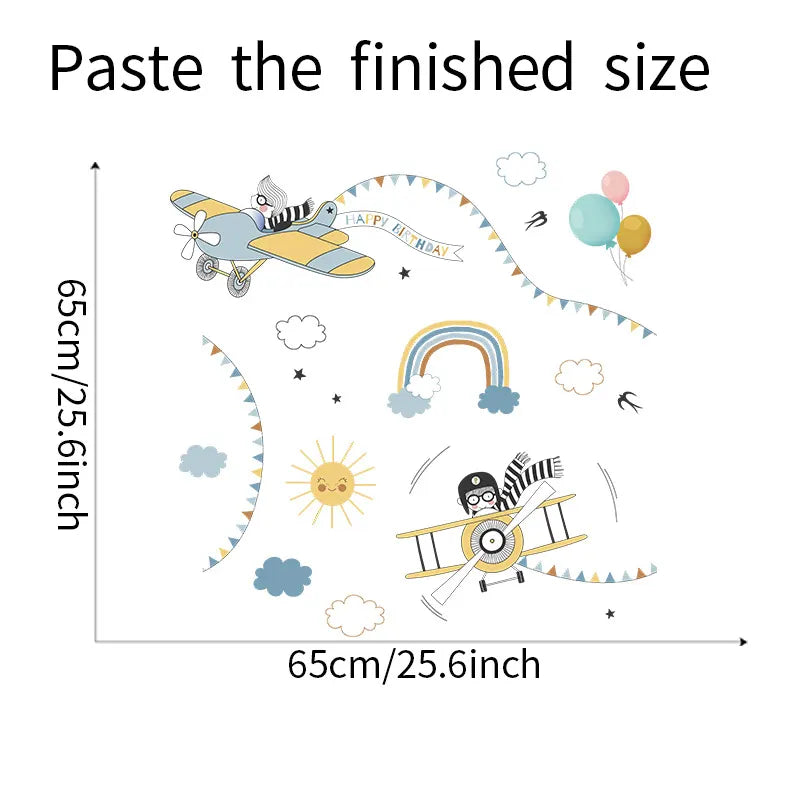 Wall decal with cartoon airplanes, balloons, and rainbow on a white background