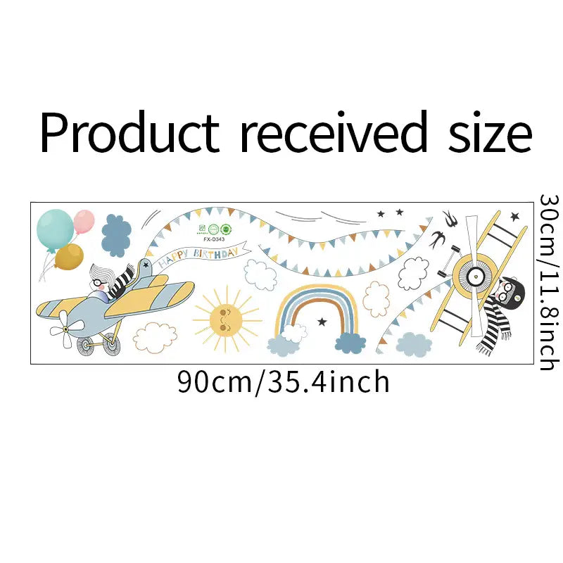 Decorative wall sticker with cartoon characters and text, showing dimensions on a white background.