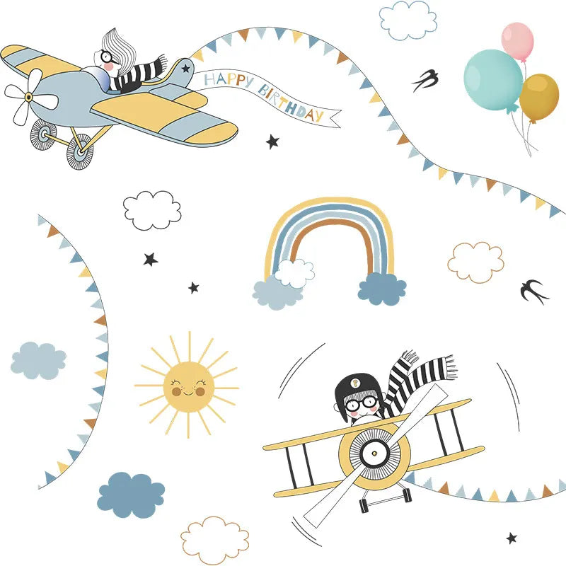 Children's birthday card with airplanes, balloons, rainbow, and clouds on a white background.