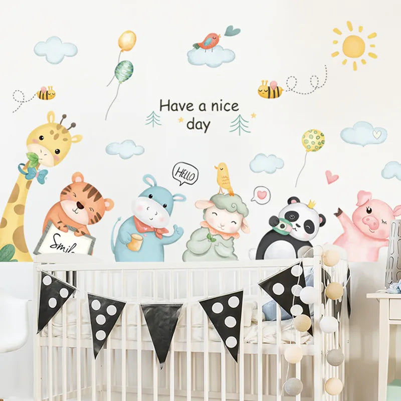 Children's room with Tipi Tipi Tap Animal Affirmation wall stickers with 'Have a nice day' text and a crib.