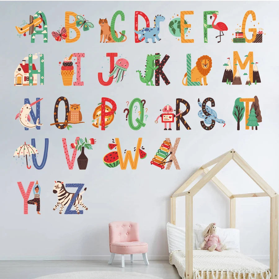 Children's room with colorful Tipi Tipi Tap Animal Alphabet Wall Decal letters, a pink chair, and a wooden house-shaped bed. 