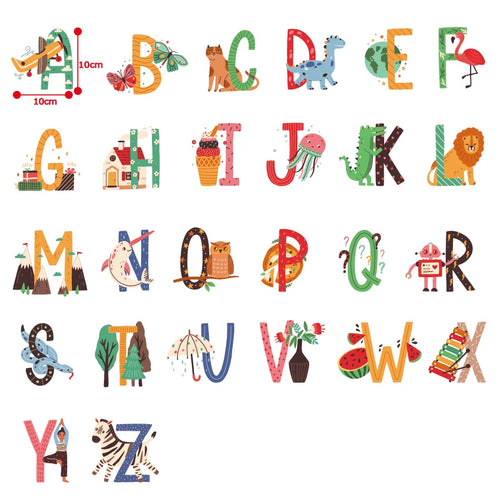 Colorful Tipi Tipi Tap Animal Alphabet Wall Decal letters with size illustrations on a white background