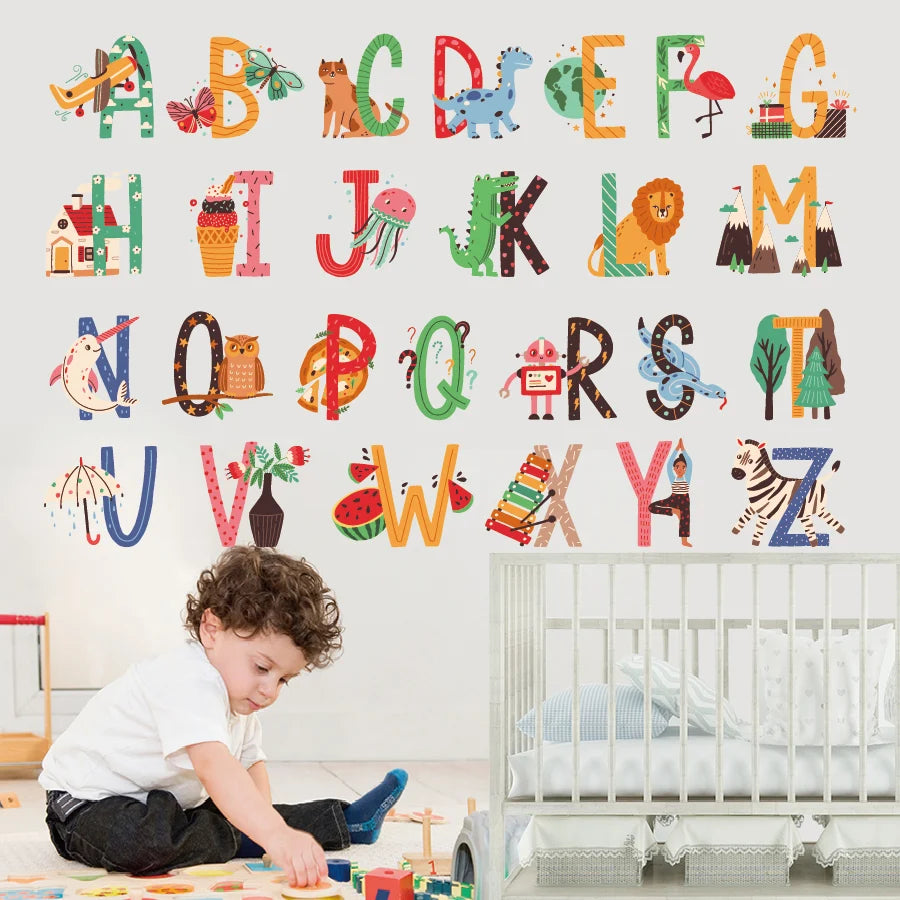Child playing with toys in a room with colorful Tipi Tipi Tap Animal Alphabet Wall Decal letters on the wall.