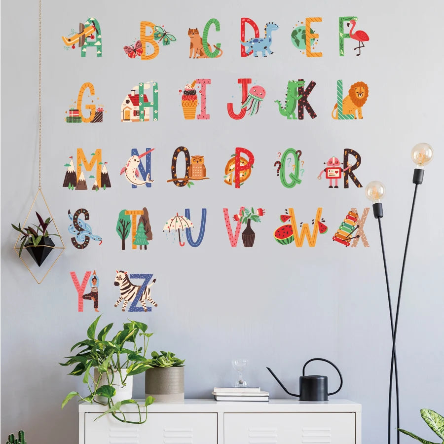 Colorful Tipi Tipi Tap Animal Alphabet Wall Decal letters on a light gray wall with decorative elements.