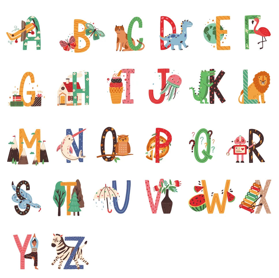 Colorful Tipi Tipi Tap Animal Alphabet Wall Decal letters with animal and object illustrations on a white background