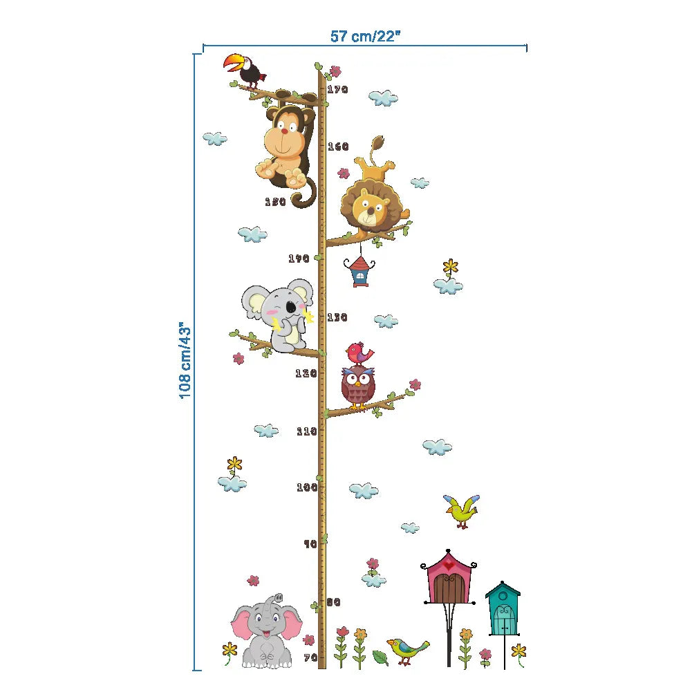 Children's growth chart with cartoon animals on a white background
