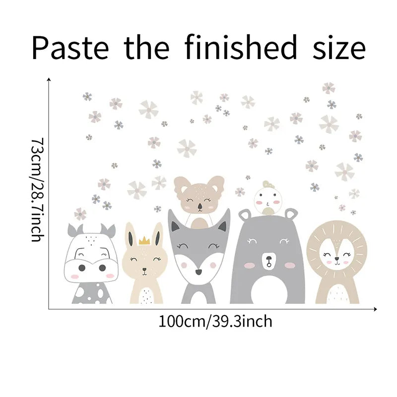 Illustration of cartoon animal characters with dimensions on a white background