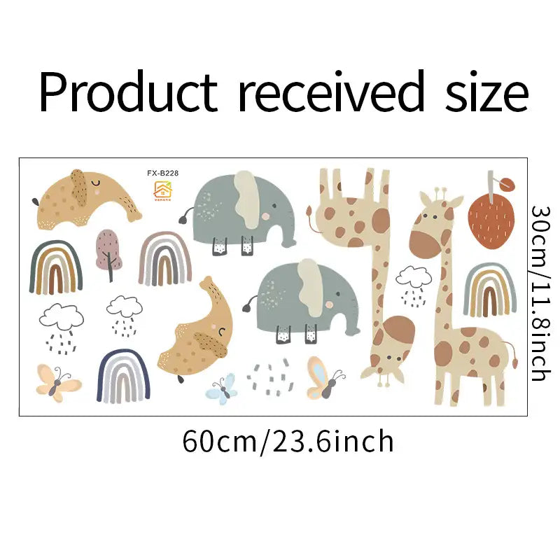 Wall decal with animals and rainbows, showing dimensions 30cm/11.8inch and 60cm/23.6inch.