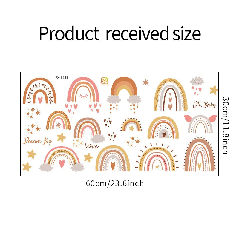 Sheet of decorative stickers with rainbows and text, showing product dimensions.