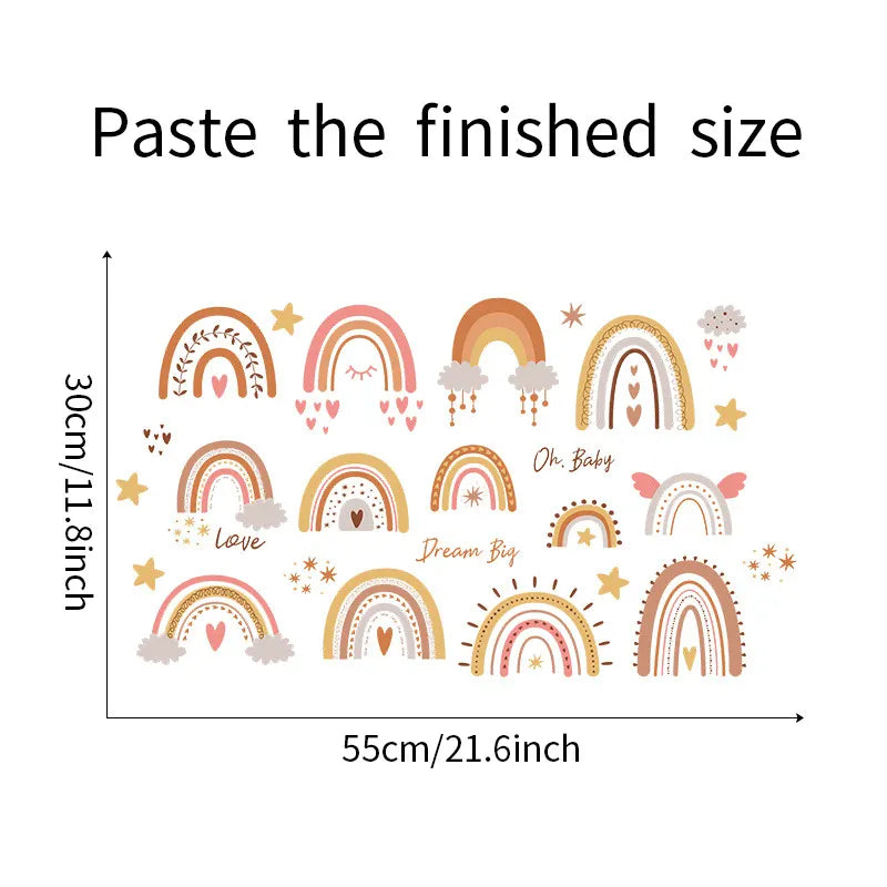 Measurement chart with cartoon rainbows and text on a white background