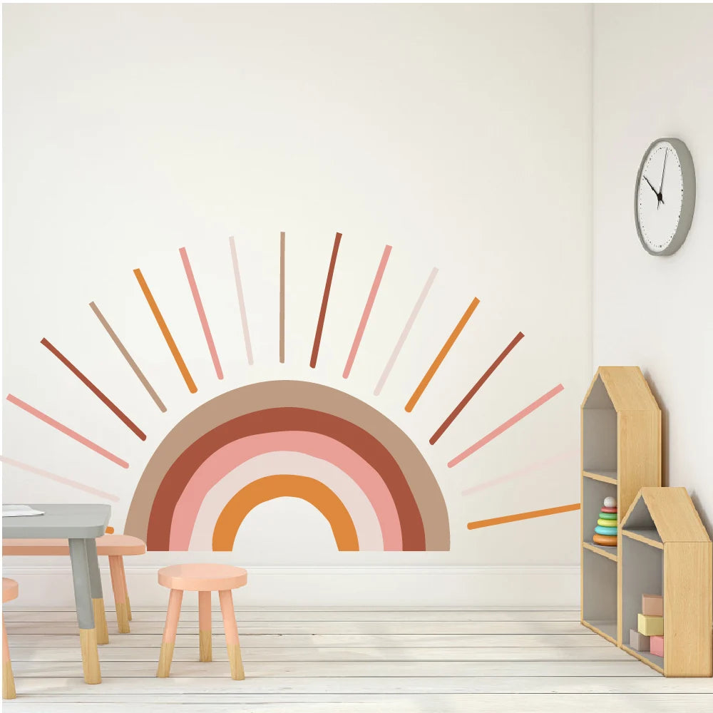 Children's room with This Tipi Tipi Tap Boho Sunshine Bliss Half Sun wall decal, table, stools, and bookshelf.
