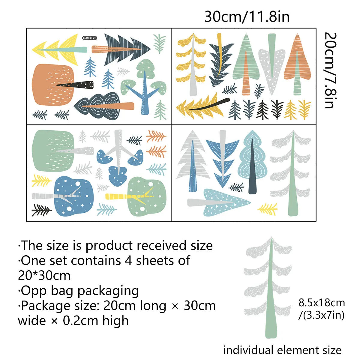 Forest-themed wall stickers with measurements and packaging details.