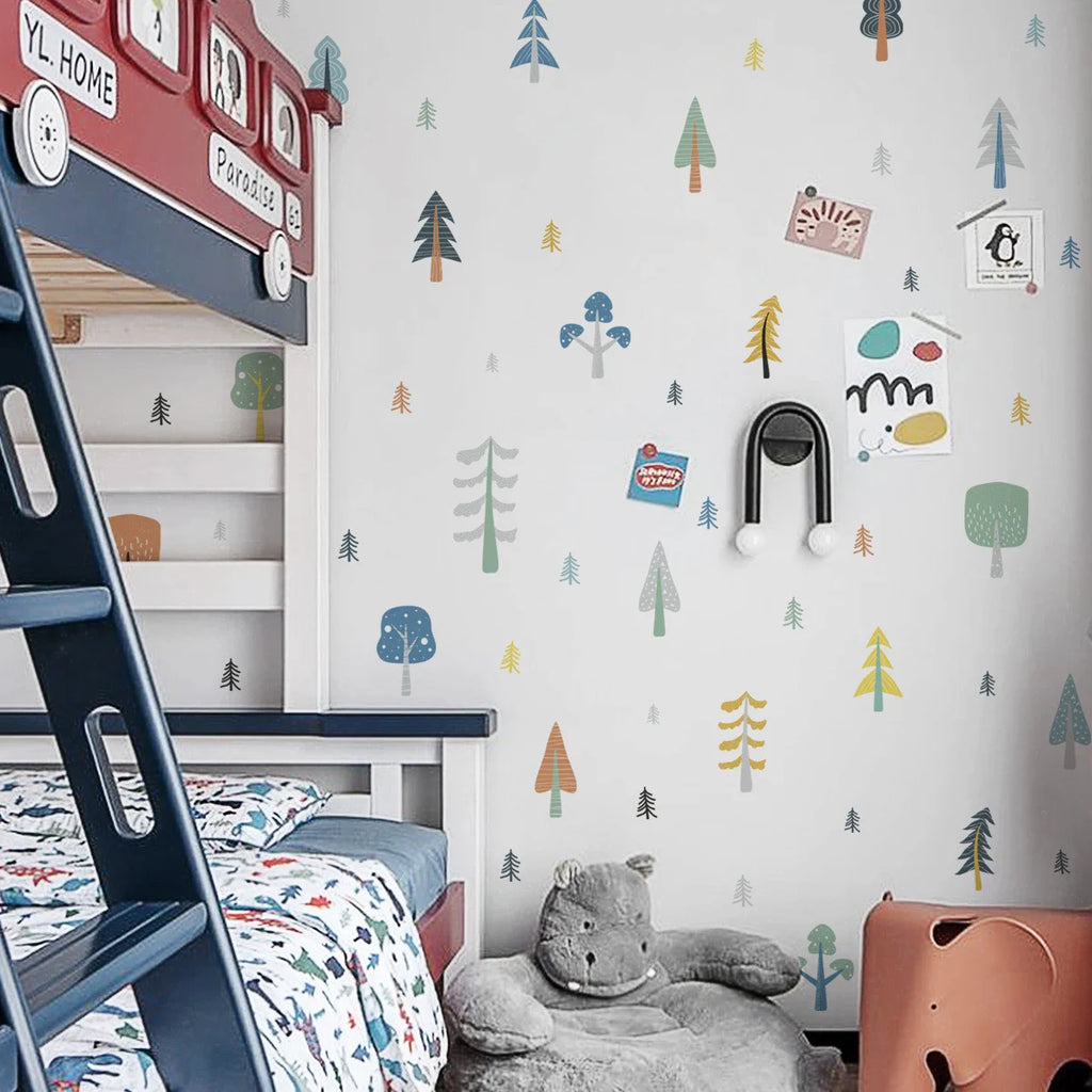 Children's room with bunk bed, wall stickers, and toys.