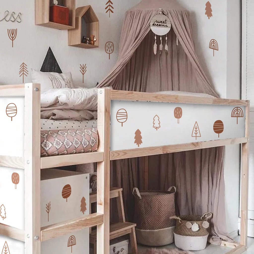 Children's room with wooden bunk bed, decorative elements, and Tipi Tipi Tap Boho Art Tree Wall Decals.