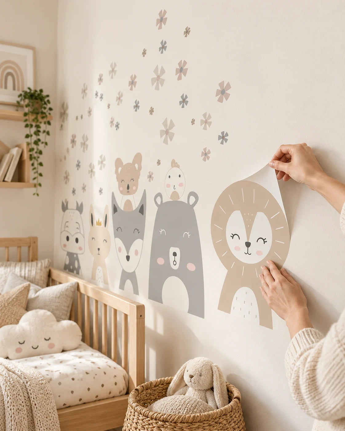 A person's hands are shown peeling back a cartoon animal wall decal from a nursery wall. The wall decals feature cute illustrations of a fox, wolf, bear, and lion in soft gray, beige, and brown tones, alongside small floral accents.