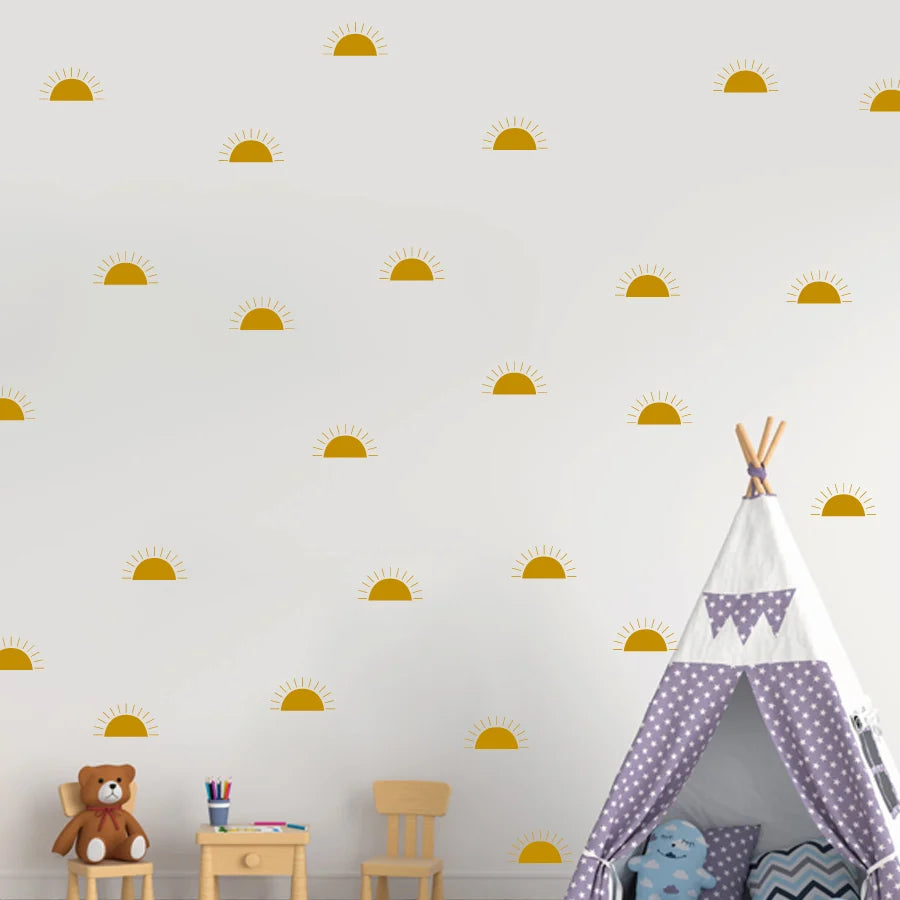 Children's room with a teepee, teddy bear, and small table against a wall with Tipi Tipi Tap Boho Mini Half Sun Wall Decals.