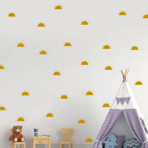 Children's room with a teepee, teddy bear, and small table against a wall with Tipi Tipi Tap Boho Mini Half Sun Wall Decals.
