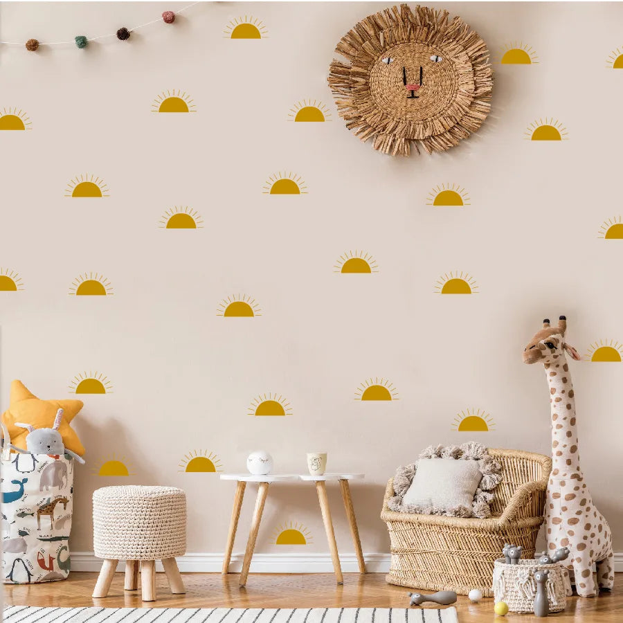 Children's room with lion head decor, Tipi Tipi Tap Boho Mini Half Sun wall stickers, and toys.