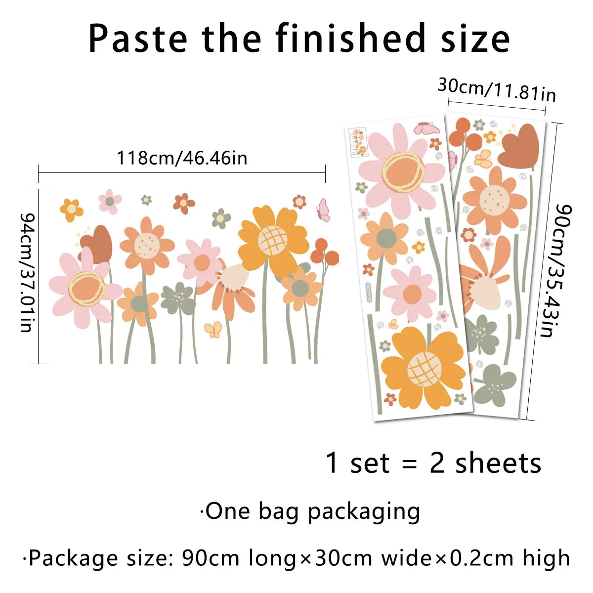 Tipi Tipi Tap Boho Retro Colorful Flower wall stickers set with dimensions and packaging details.