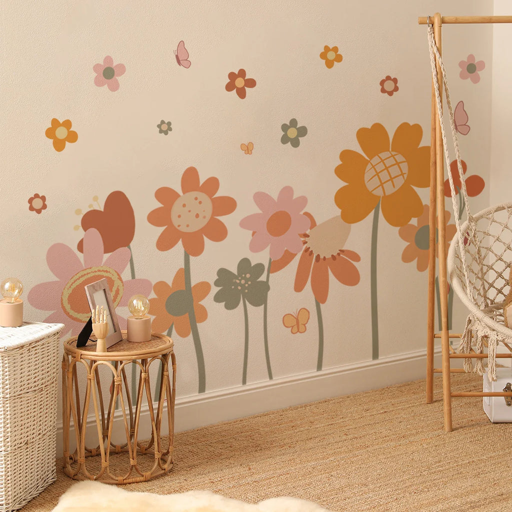 Children's room with Tipi Tipi Tap Boho Retro Colorful Flower Wall Decals and a wicker chair.