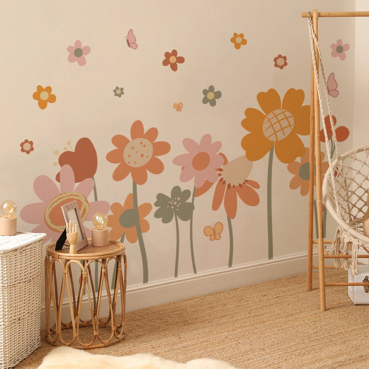 Children's room with Tipi Tipi Tap Boho Retro Colorful Flower Wall Decals and a wicker chair.