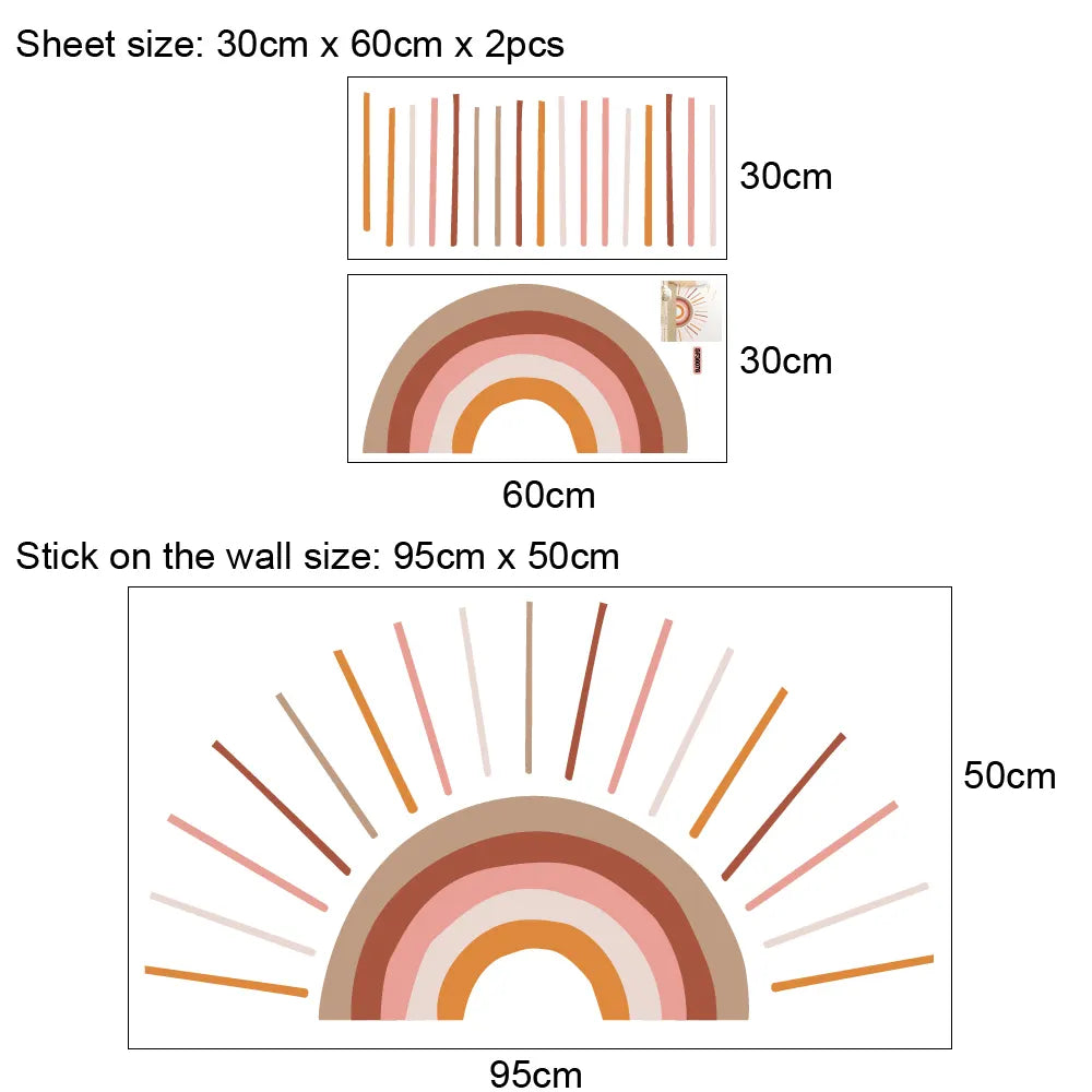 Measurement chart for Tipi Tipi Tap wall stickers with dimensions and placement examples.