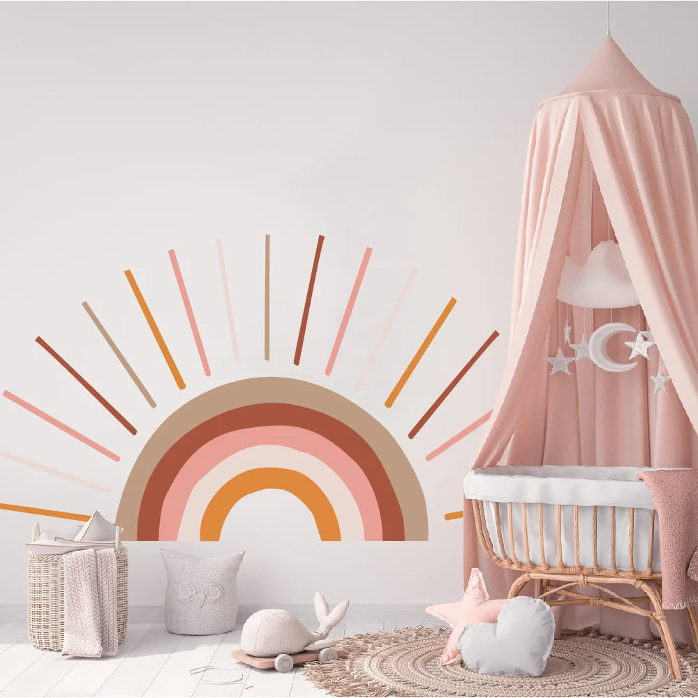 Children's room with This Tipi Tipi Tap Boho Sunshine Bliss Half Sun Wall Decal, crib, and decorative elements.