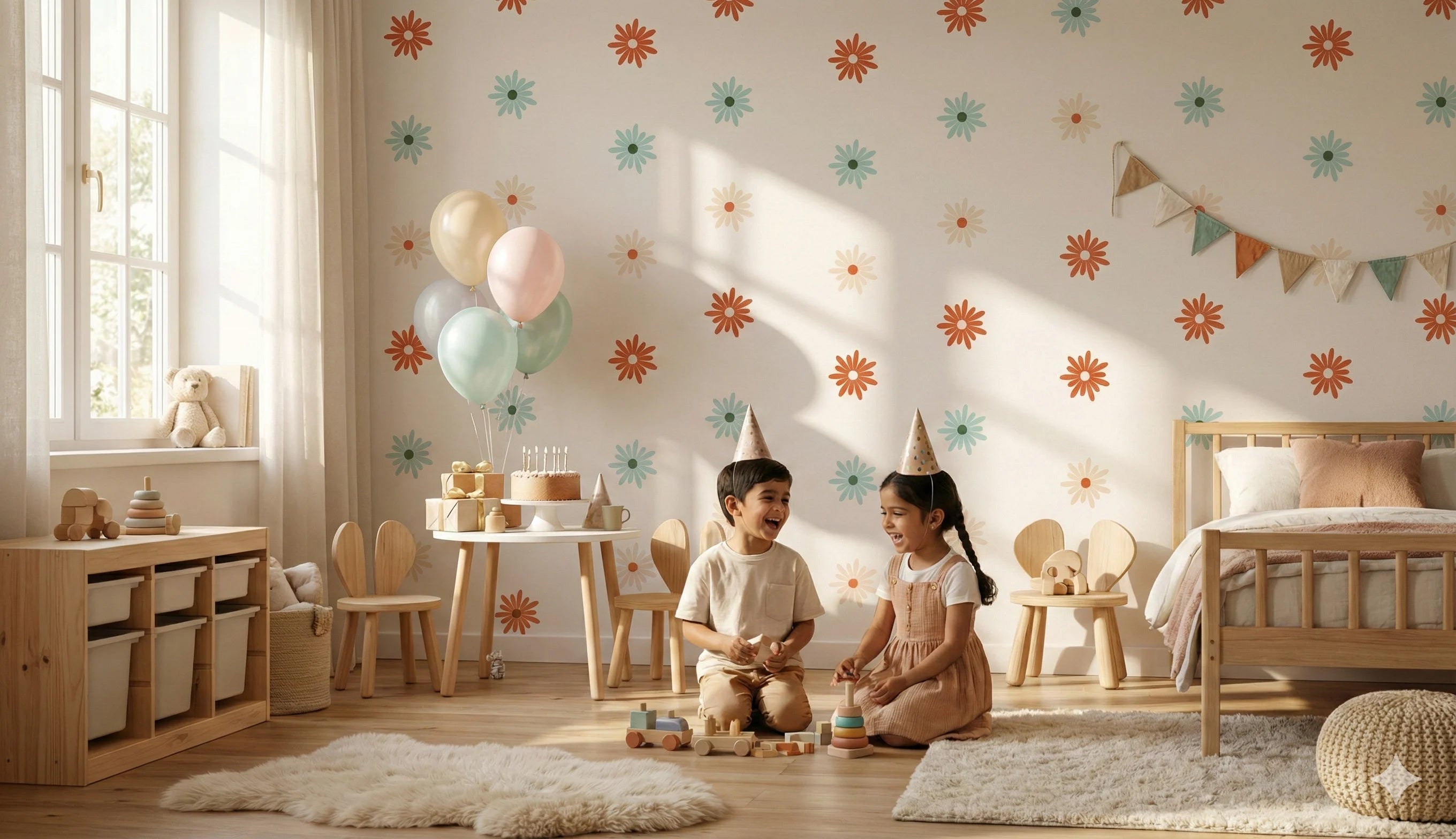 Children in a playroom with balloons and a cake, surrounded by toys and furniture.