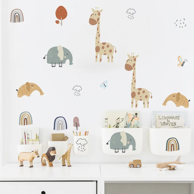 Children's room with animal-themed wall decals and toys on a white shelf.