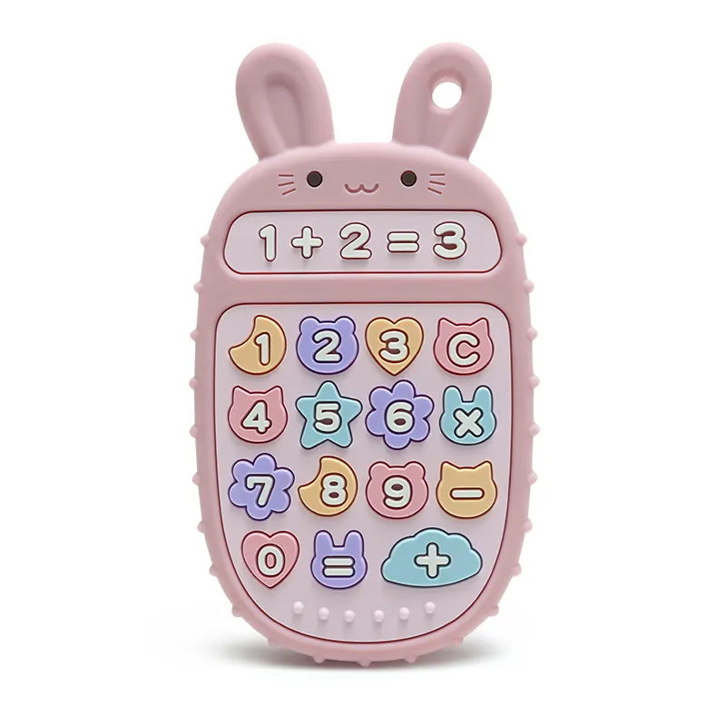 Pink Tipi Tipi Tap bunny calculator silicone teether toy with colorful number buttons on a white background