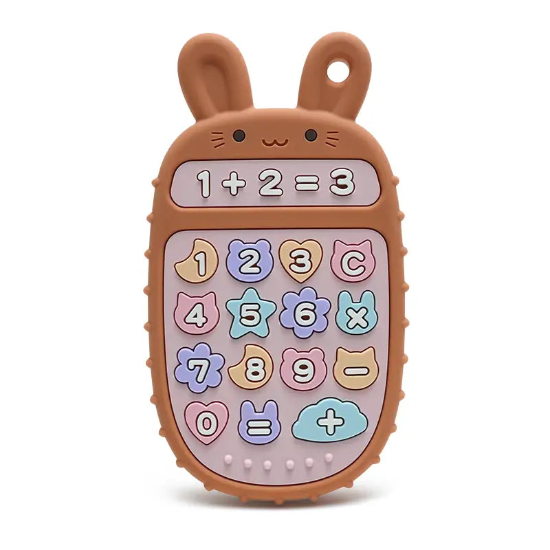Brown Tipi Tipi Tap bunny calculator silicone teether toy with colorful number buttons on a white background