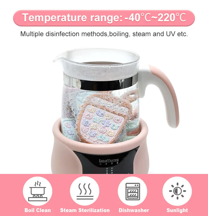 Electric sterilizer with Tipi Tipi Tap bunny calculator teether in it, featuring text and icons about temperature range and cleaning information regarding teether.