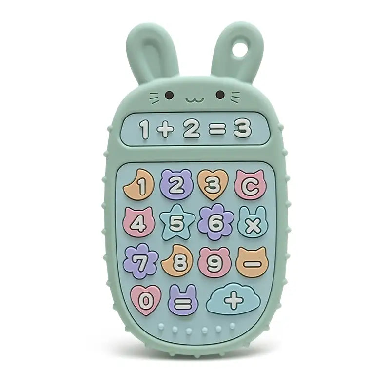 Green Tipi Tipi Tap bunny calculator silicone teether toy with colorful number buttons on a white background
