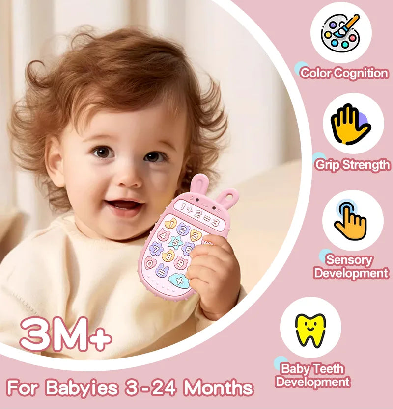 Child holding a pink Tipi Tipi Tap bunny calculator teether toy with developmental benefits on a light pink background