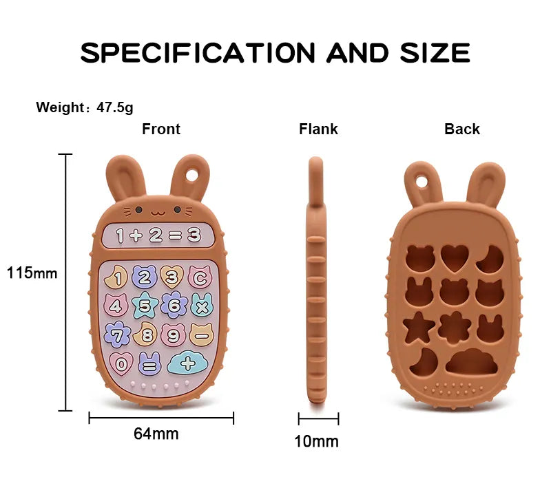 Specification and size details of a brown silicone Tipi Tipi Tap bunny calculator teether on a white background.