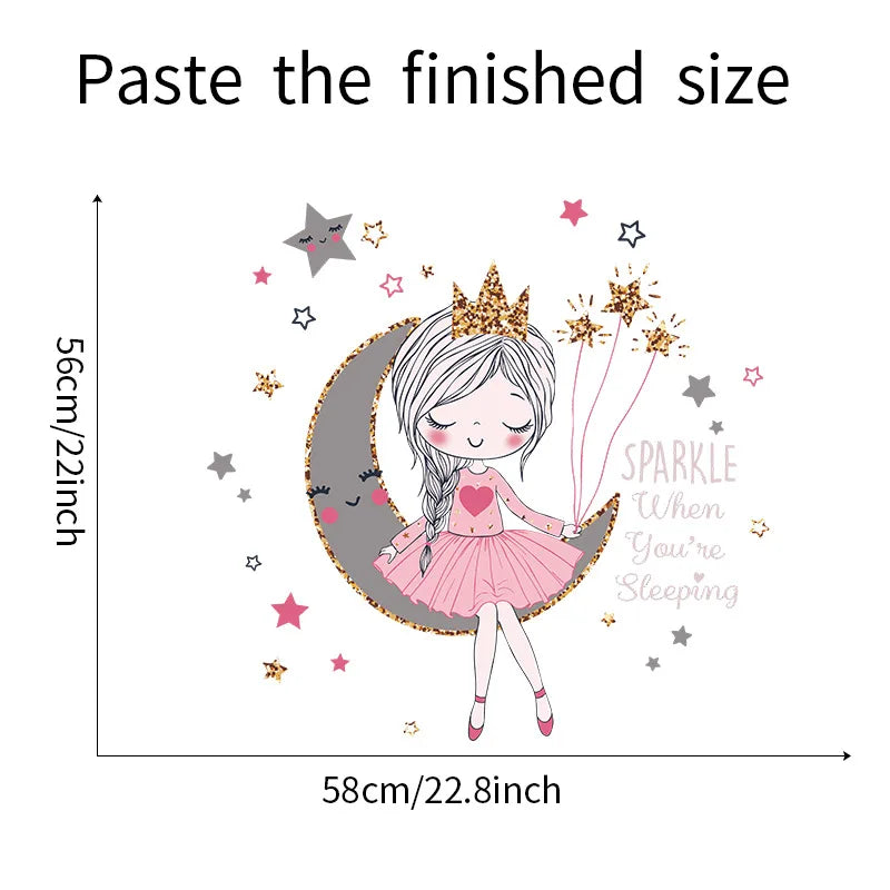Illustration of a princess on a moon with stars and measurement details.