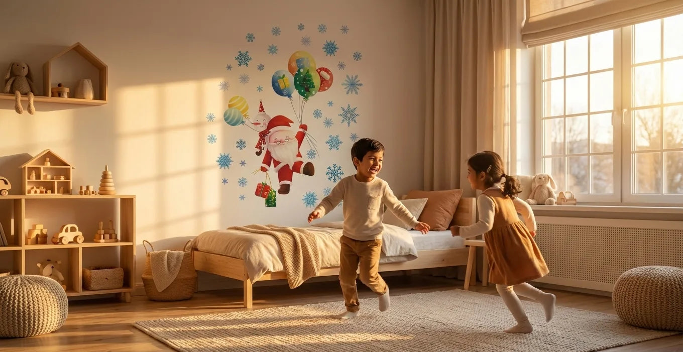 Children playing in a bright bedroom with a large window and decorative wall art.