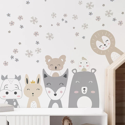 Children's wall decal with cartoon animals on a light gray background