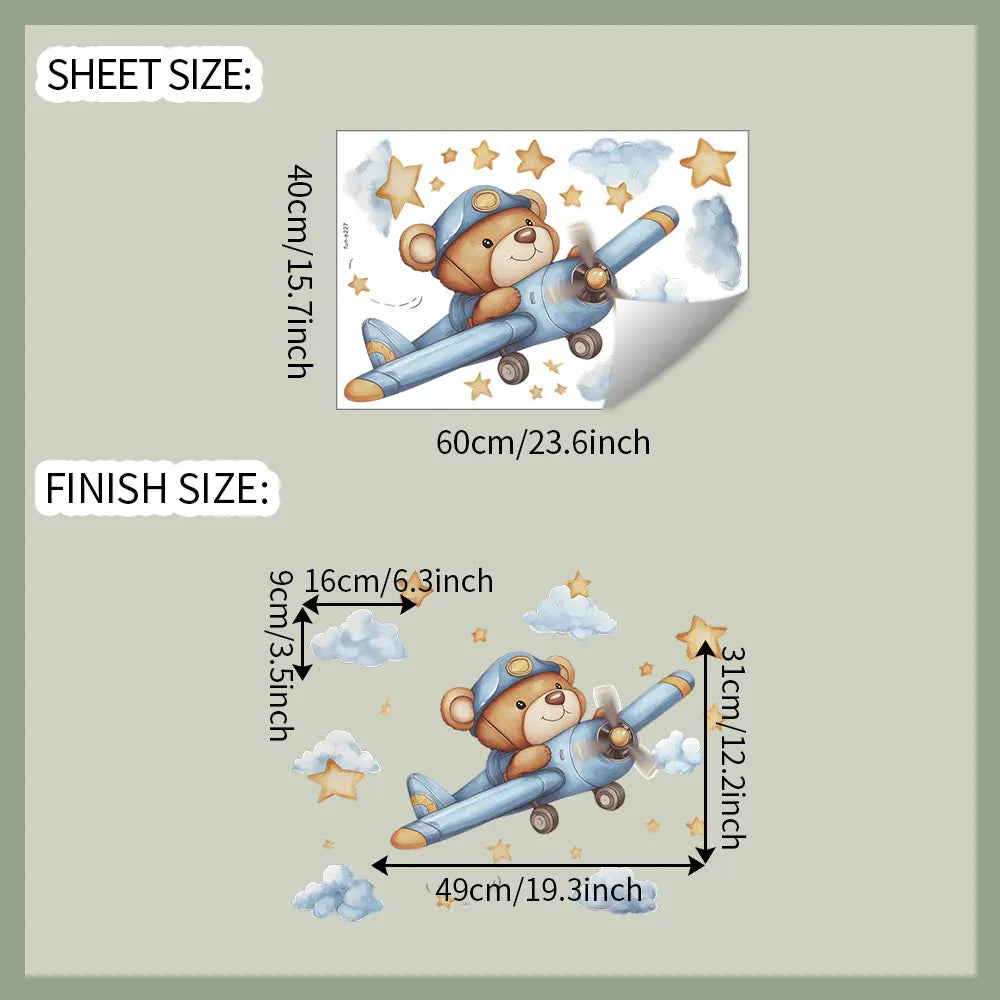 Cute Bear Pilot Airplane Wall Decals for Kid's Room & Nursery