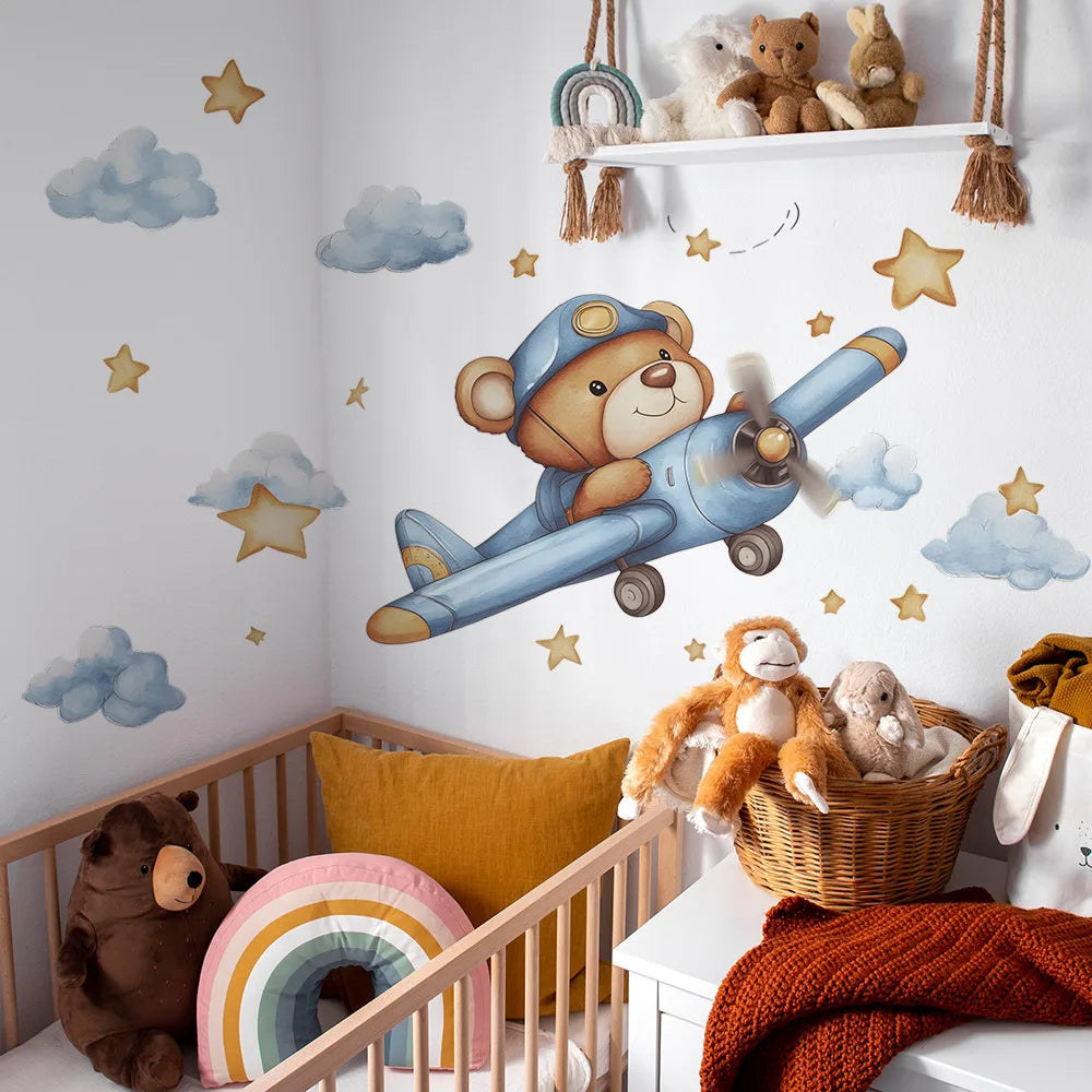 Cute Bear Pilot Airplane Wall Decals for Kid's Room & Nursery