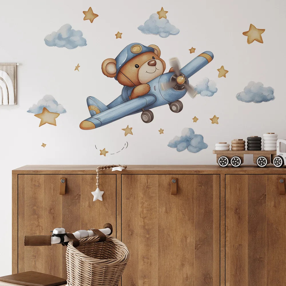 Cute Bear Pilot Airplane Wall Decals for Kid's Room & Nursery