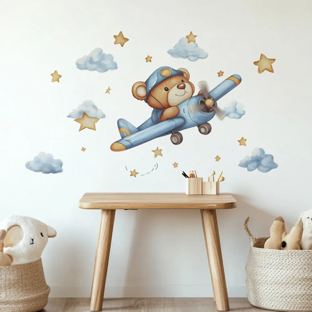 Cute Bear Pilot Airplane Wall Decals for Kid's Room & Nursery