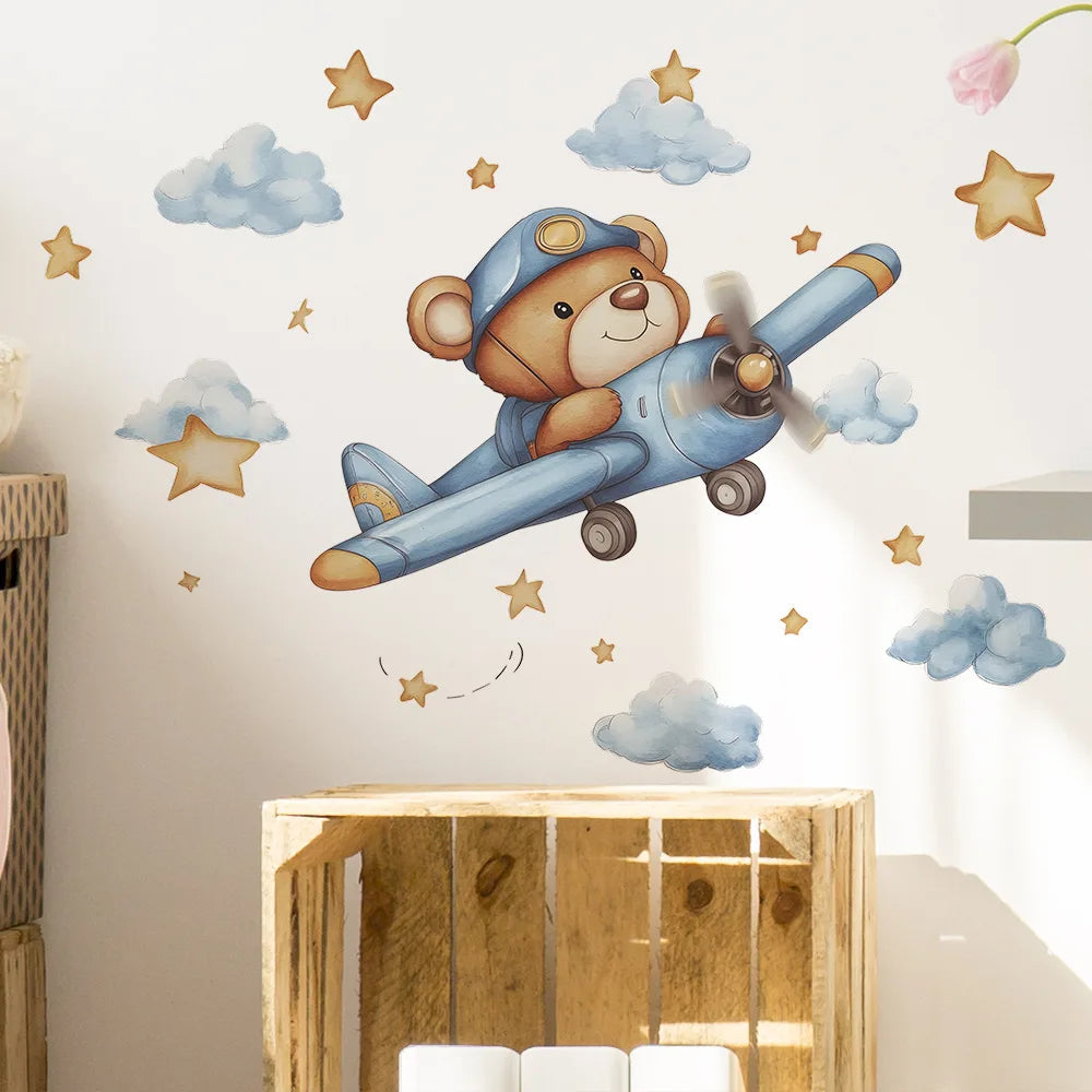 Cute Bear Pilot Airplane Wall Decals for Kid's Room & Nursery
