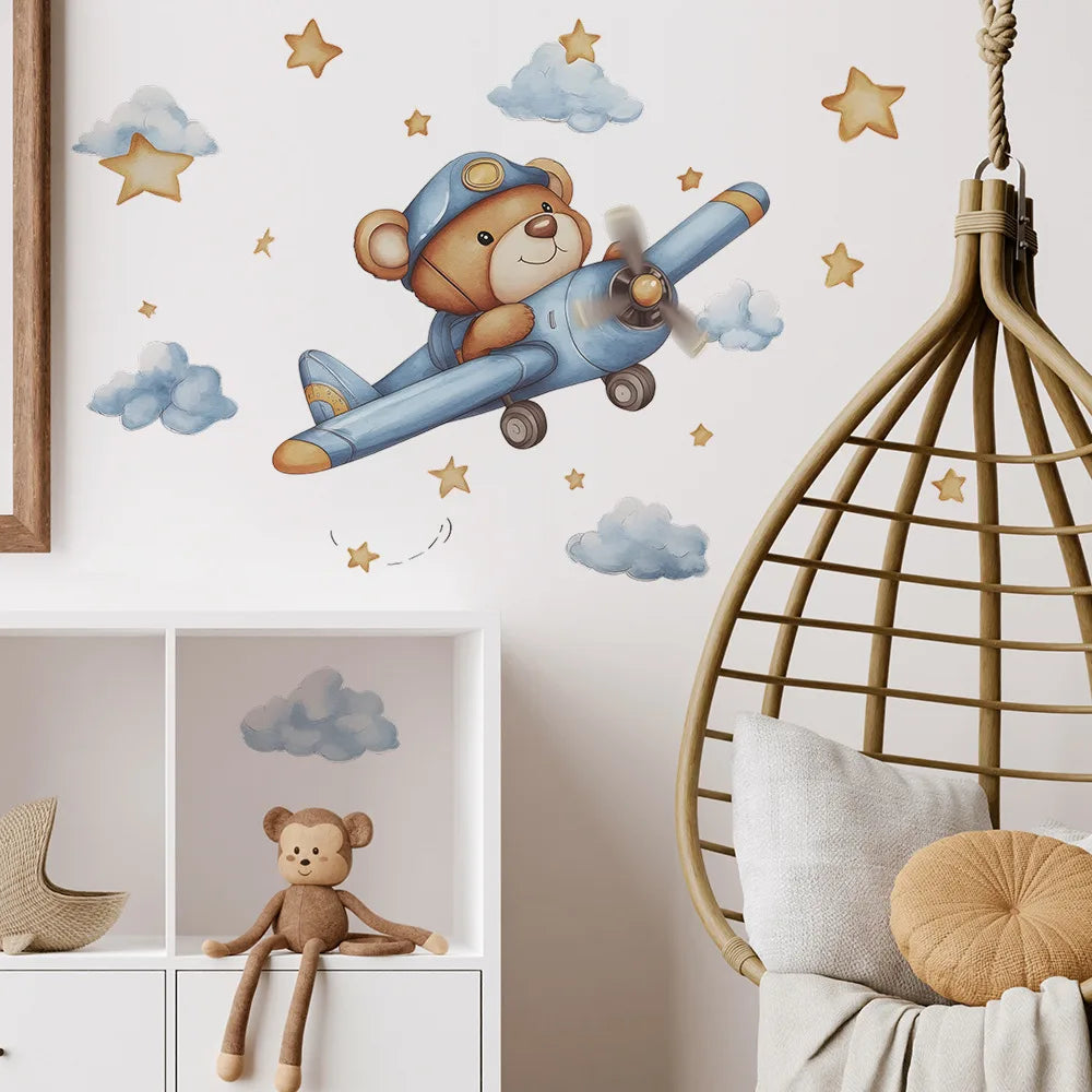 Cute Bear Pilot Airplane Wall Decals for Kid's Room & Nursery